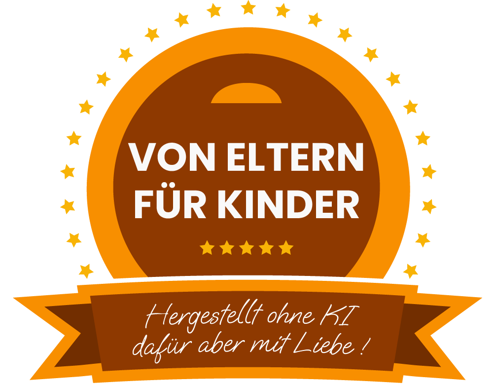 Button "Von Eltern für Kinder" der Anzeigt, das die personalisierten Hörbücher ohne KI hergestellt werden.